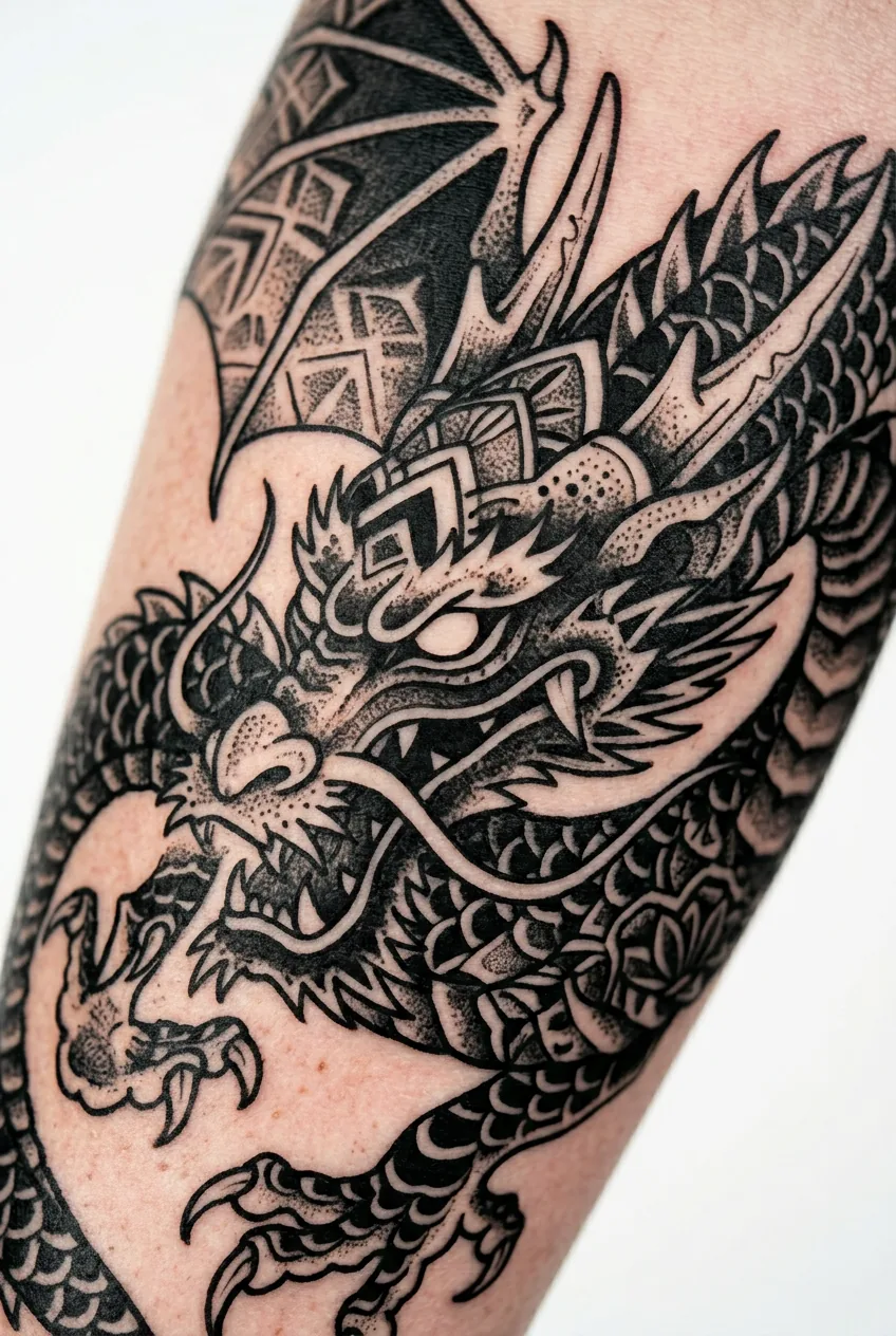 Blackwork dragon tattoo on forearm featuring solid black fills negative space details and geometric patterns