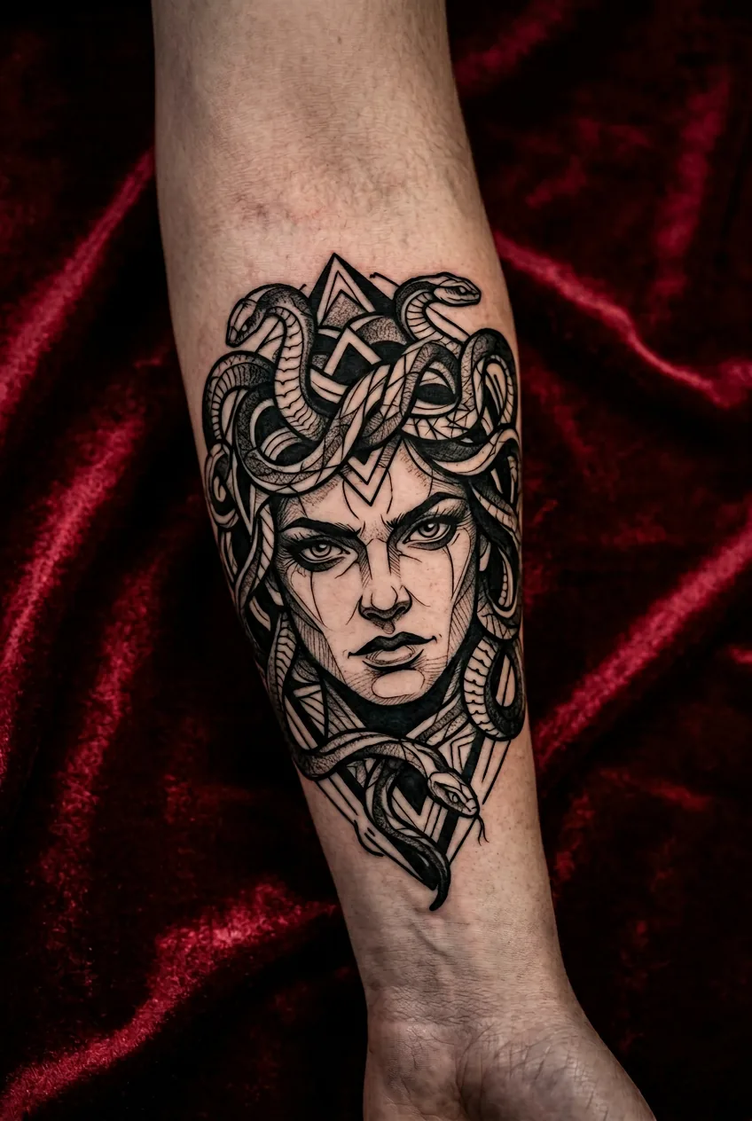 Bold blackwork geometric Medusa tattoo with script lettering on forearm displayed against deep red velvet background