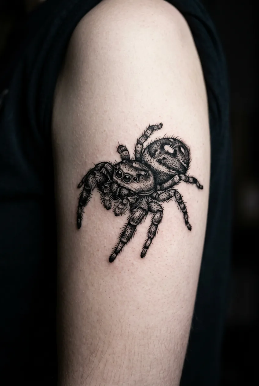 Blackwork realistic jumping spider tattoo on a woman's upper arm with rich ink saturation and dramatic side lighting