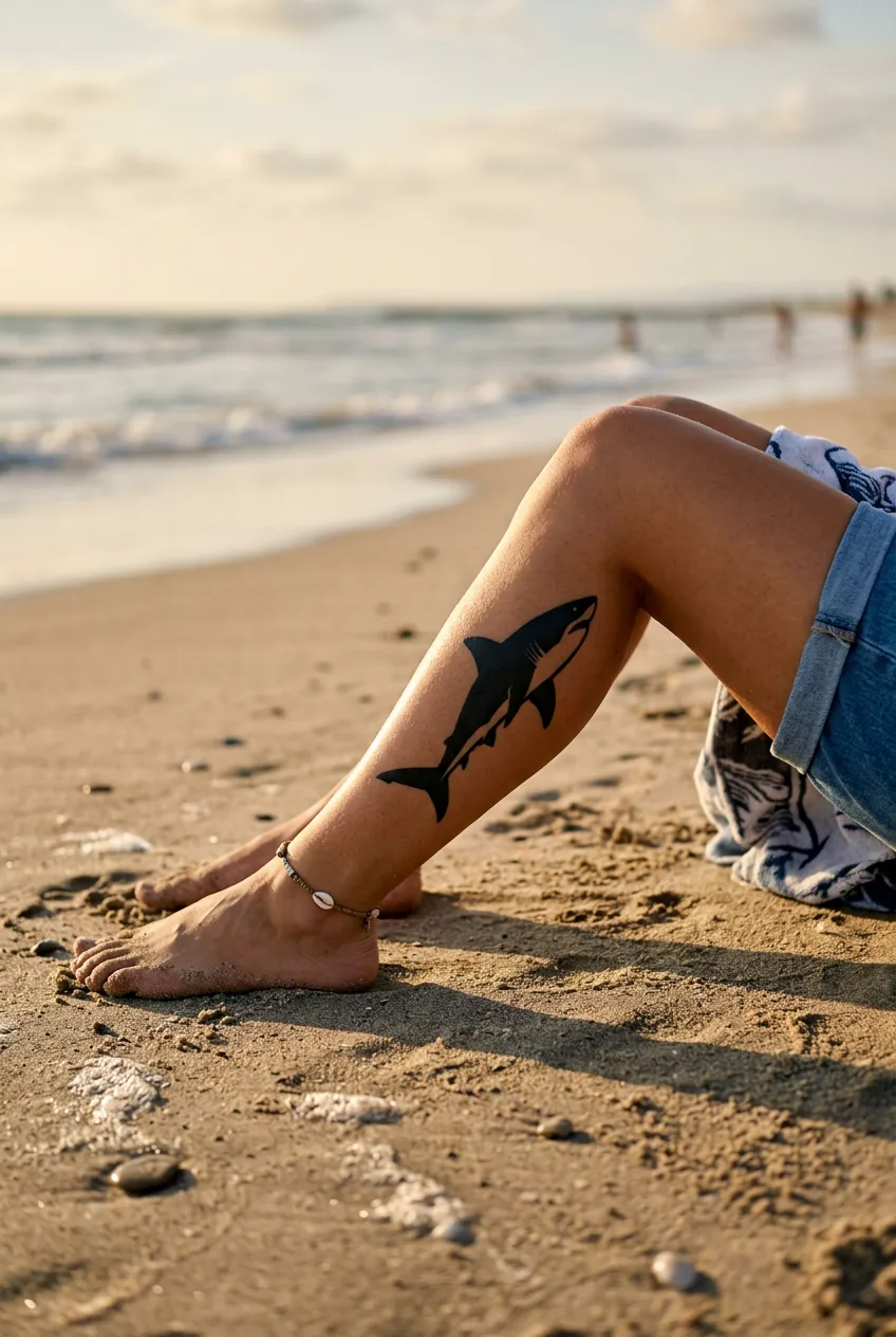 Woman's calf at beach showing a bold solid blackwork shark silhouette tattoo in pure filled black ink against sun-kissed skin
