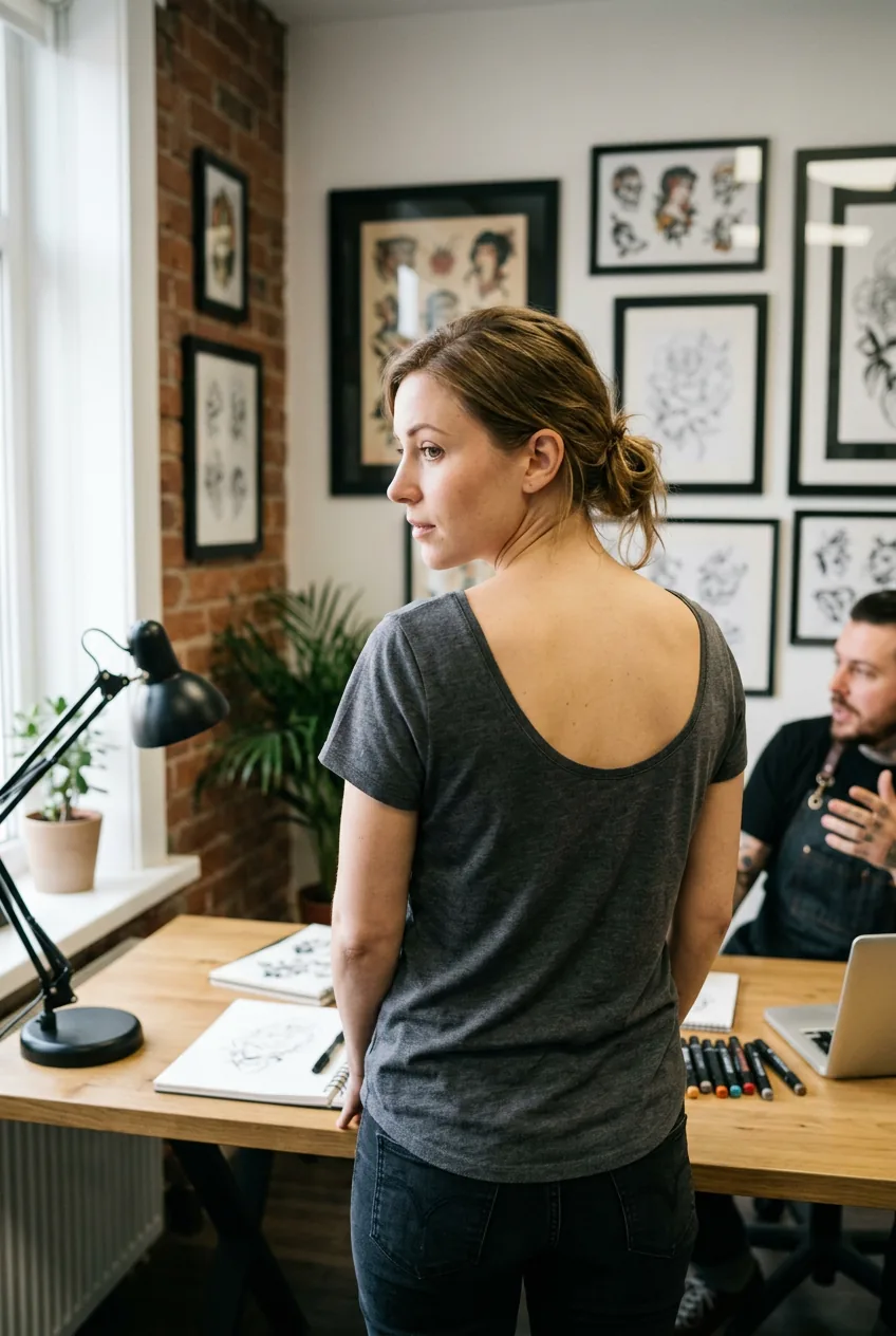 Woman with completely blank back standing before mirror in consultation room looking over shoulder contemplatively