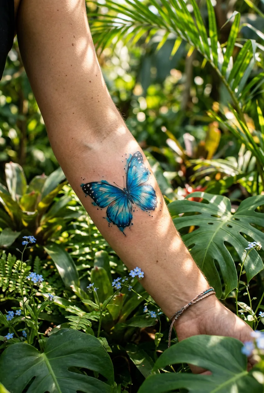 Woman's inner forearm with a Blue Morpho butterfly tattoo in electric blue beside tropical leaves and blue wildflowers