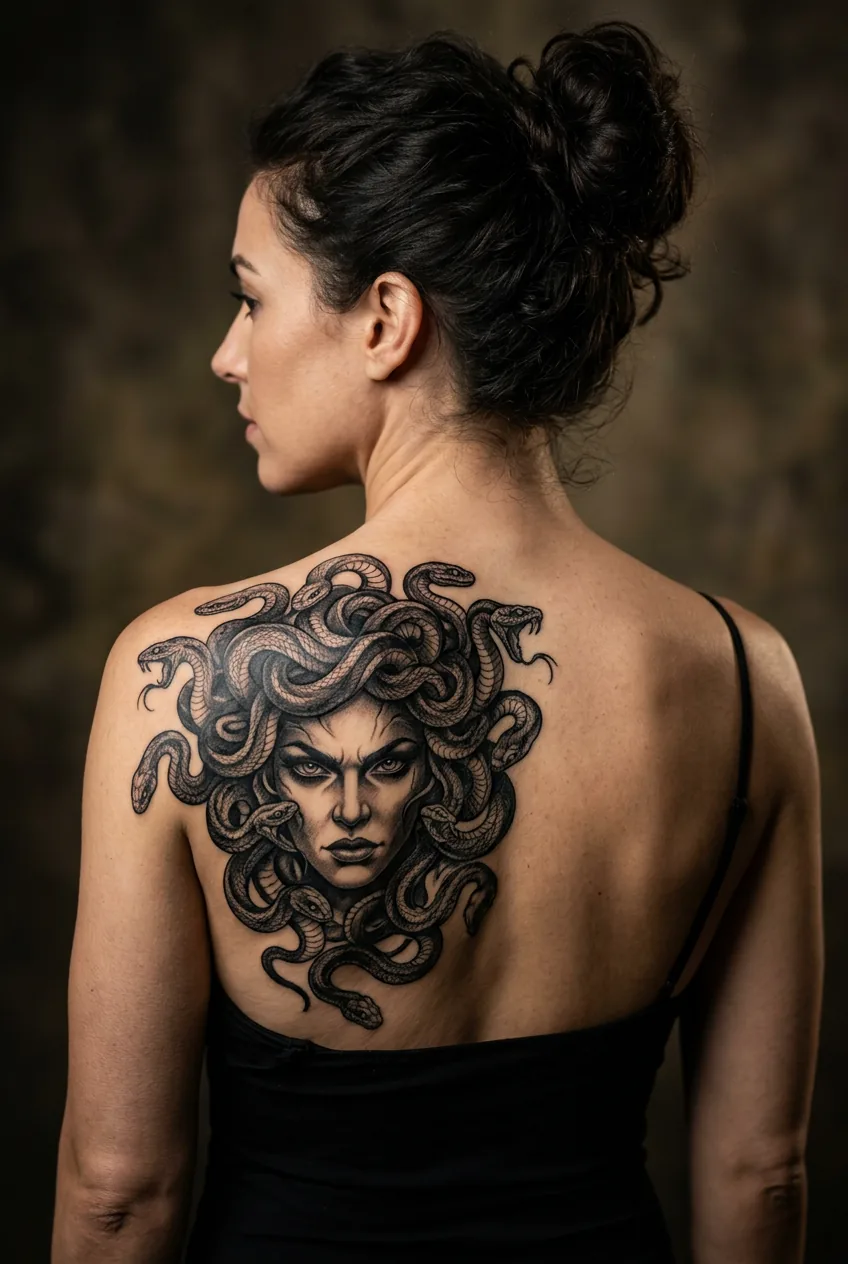 Bold Medusa tattoo on woman's shoulder blade featuring dramatic black and grey shading with intense eyes and intertwined snakes