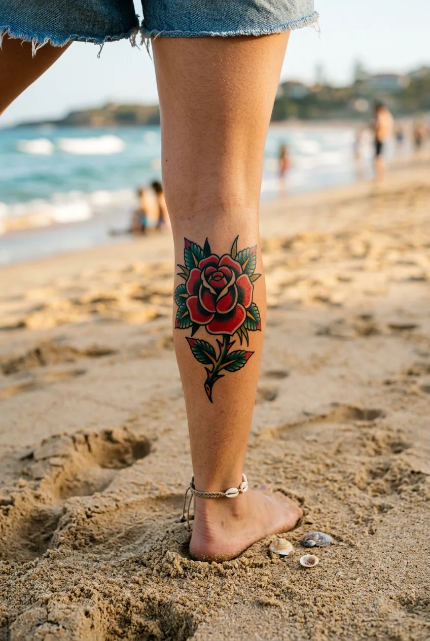 Bold traditional flash rose tattoo with thick outlines and saturated color on the front of a woman's calf at the beach