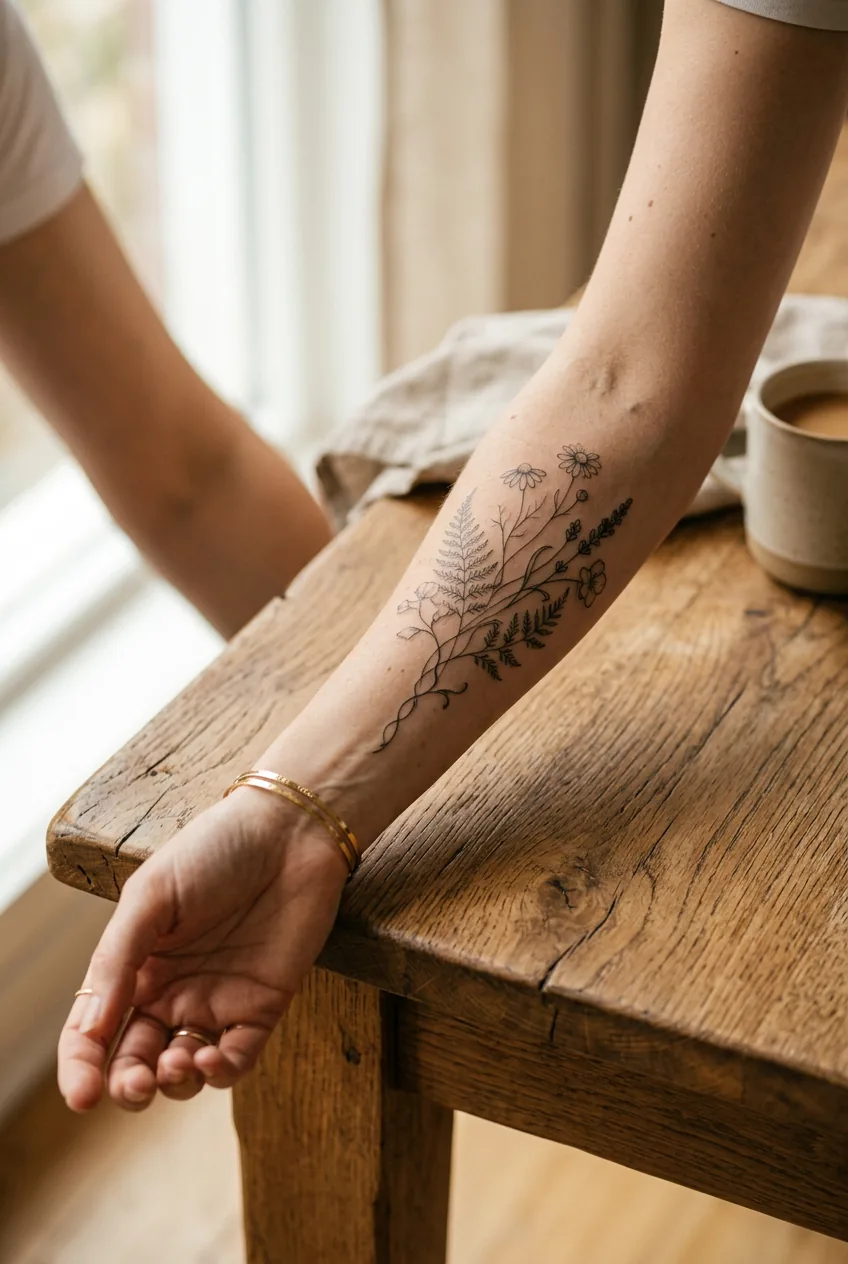 Woman's forearm resting on wood table showing refined botanical elegant tattoo with fine lines in natural daylight