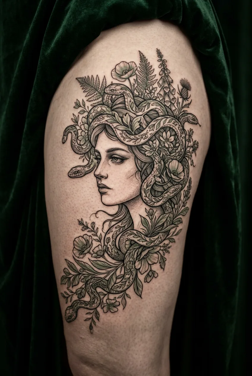 Illustrative Medusa tattoo with botanical wildflowers and snakes in sage green ink on thigh against forest green velvet