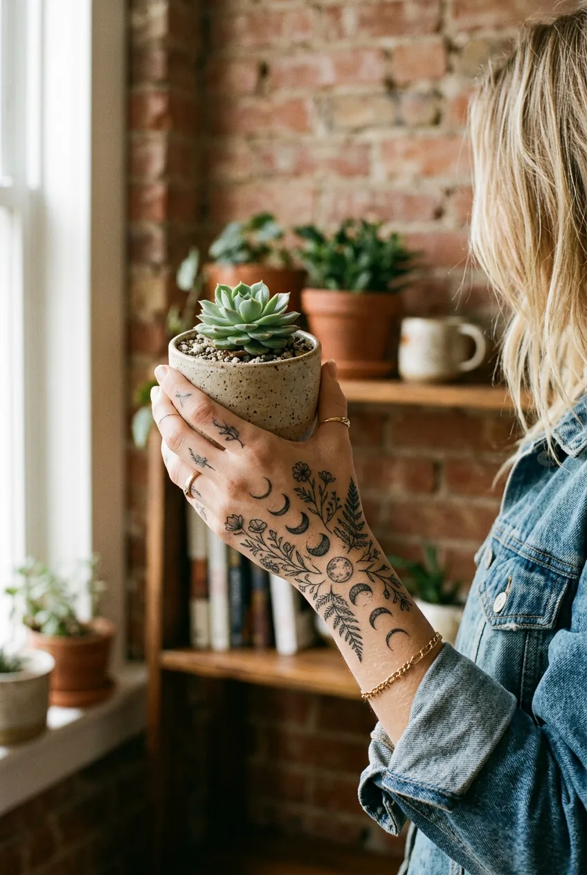 Woman's hand with botanical and moon phase fine line tattoo holding a small ceramic plant pot against exposed brick