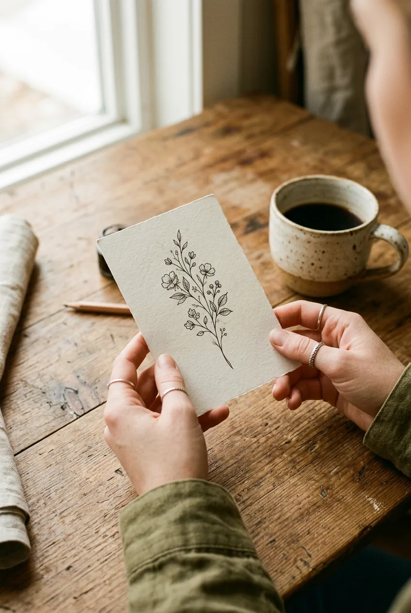 Close-up of woman's hands holding a fine-line botanical tattoo sketch on a wooden studio table in soft natural light