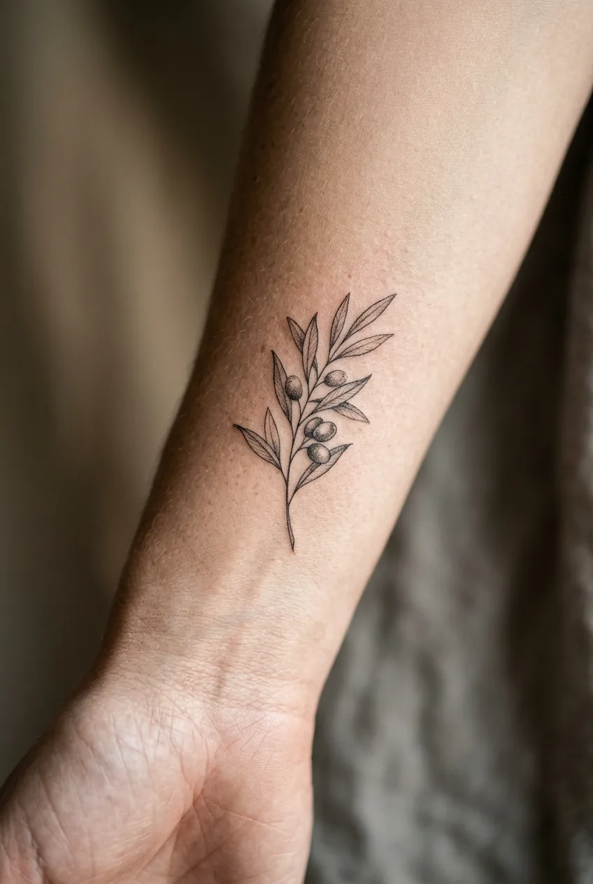 Close-up of fine-line olive branch small tattoo on woman's inner forearm three inches above the wrist with soft studio lighting
