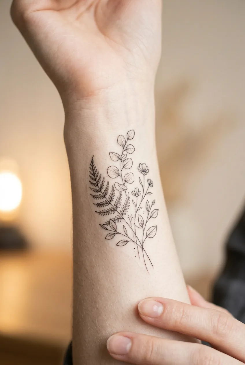 Woman observing a botanical fine-line paper stencil applied to her wrist and forearm in a studio mirror