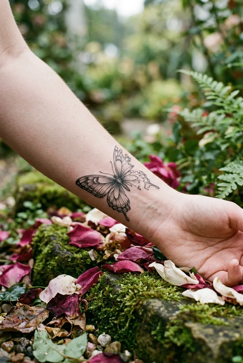 Woman's wrist with a broken-wing butterfly tattoo in fine-line black ink beside weathered rose petals on moss-covered stones