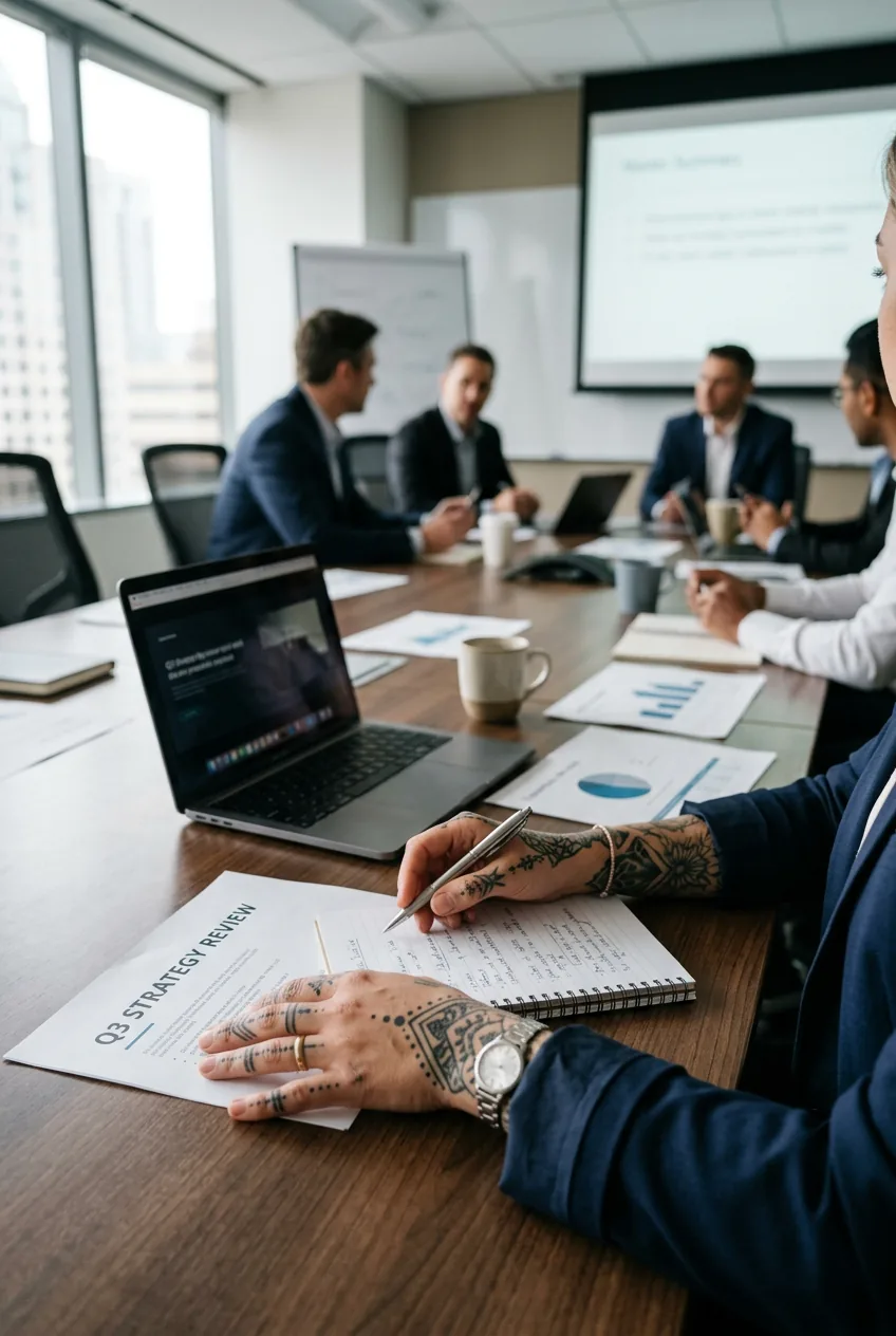 Professional woman's geometric knuckle tattoos visible during business meeting at conference table
