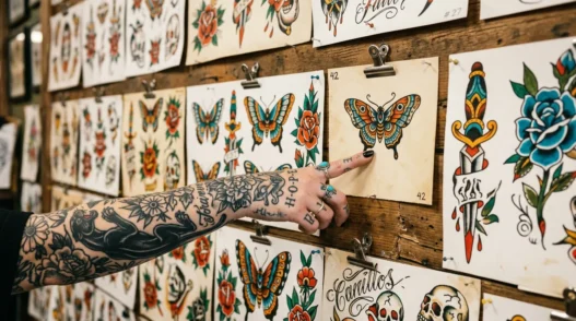 Tattooed woman's hand pointing to butterfly design among various flash art sheets pinned on studio wall