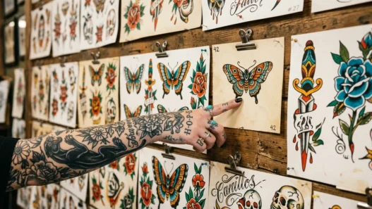 Tattooed woman's hand pointing to butterfly design among various flash art sheets pinned on studio wall