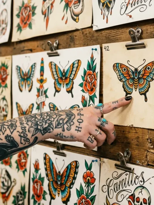 Tattooed woman's hand pointing to butterfly design among various flash art sheets pinned on studio wall