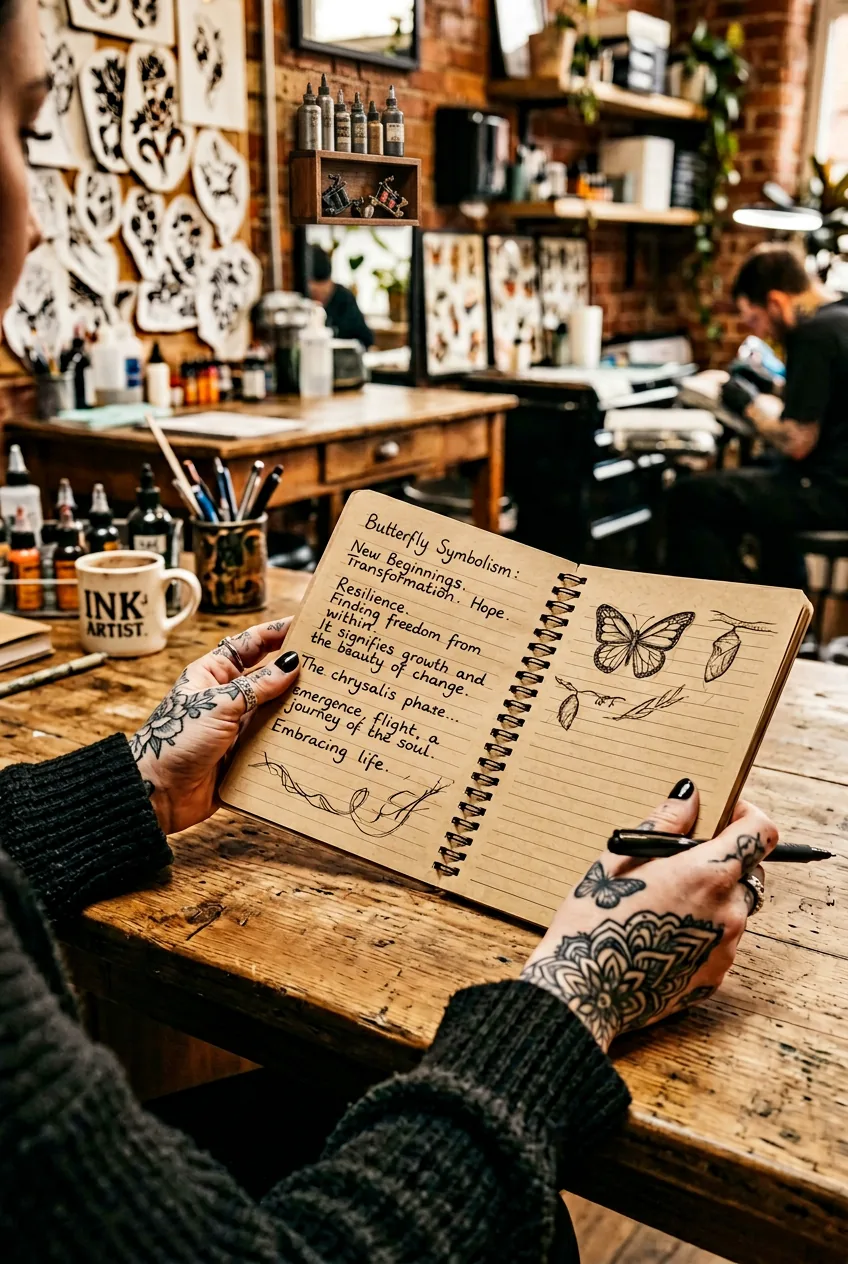 Hands holding notebook with butterfly symbolism notes during tattoo consultation planning session