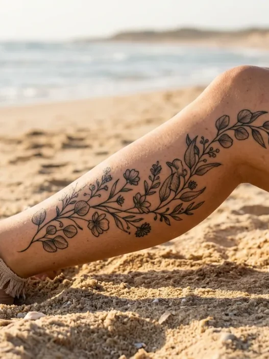 Woman's tattooed calf resting on golden sand showing a detailed botanical stem tattoo along the outer calf in coastal afternoon light