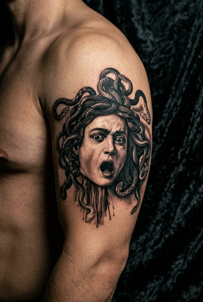 Black and grey realism Caravaggio-inspired Medusa tattoo on upper arm against charcoal velvet with dramatic shadow lighting