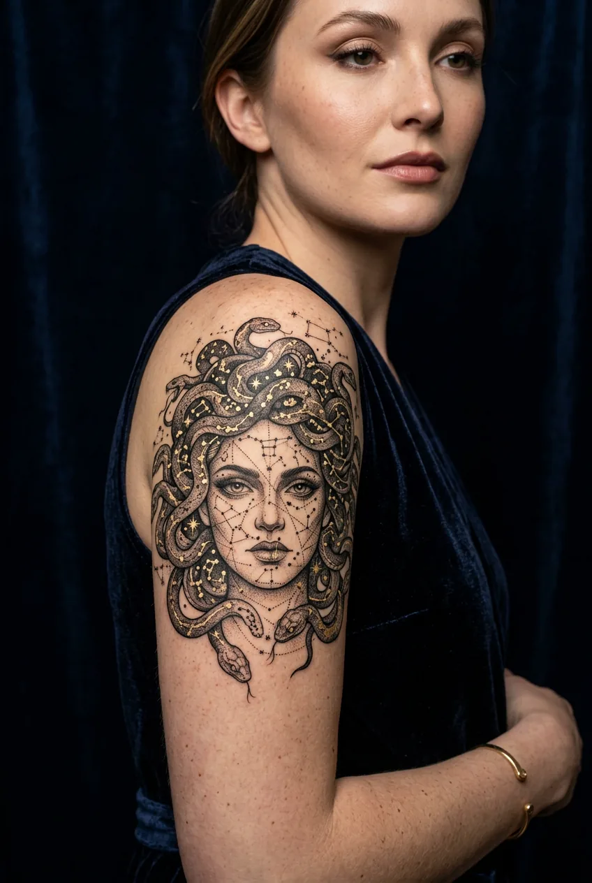 Celestial map Medusa tattoo with constellation details and gold ink accents on upper arm against midnight navy velvet