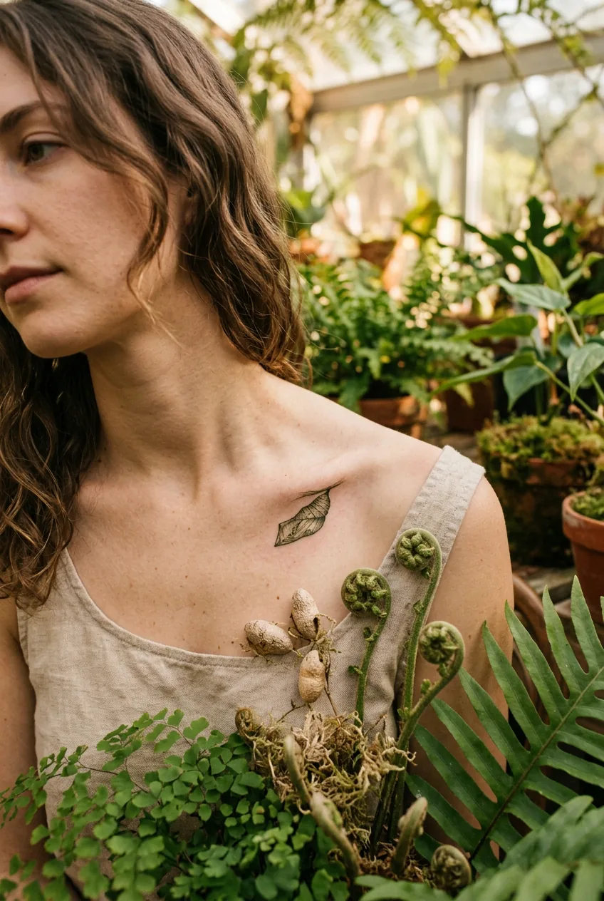 Woman's collarbone with a tiny botanical-style chrysalis tattoo beside seed pods and unfurling fern fiddleheads in soft light