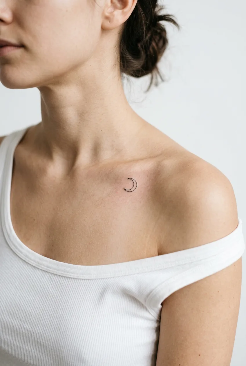 Woman's collarbone featuring small crescent moon tattoo about pinky nail size with clean line work