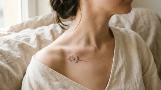Woman's bare collarbone with a delicate fine-line rose bud tattoo against soft natural linen in warm window light