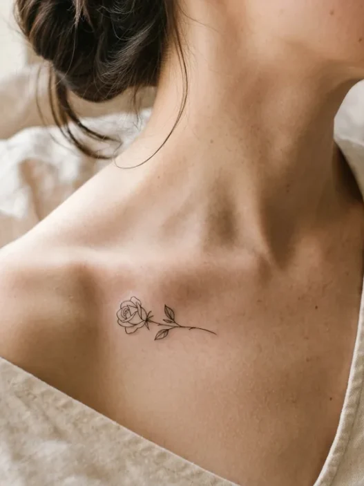 Woman's bare collarbone with a delicate fine-line rose bud tattoo against soft natural linen in warm window light