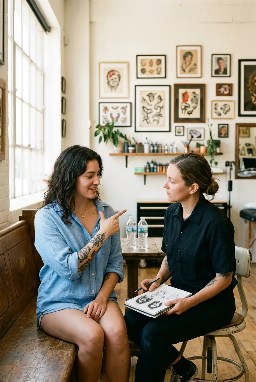 Woman pointing to her collarbone while discussing tattoo placement with an artist in a bright airy studio