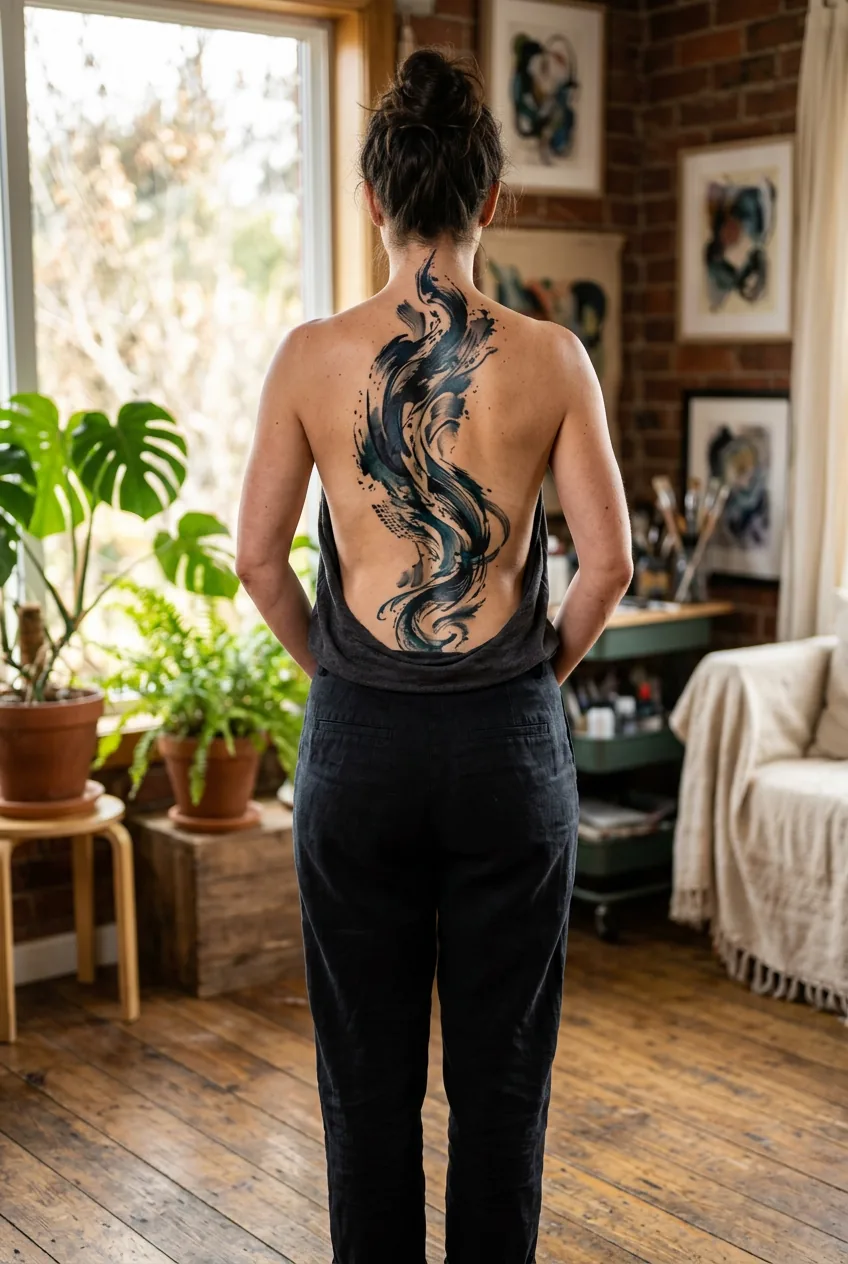 Completed spine tattoo featuring abstract flowing design extending down entire back in natural studio lighting