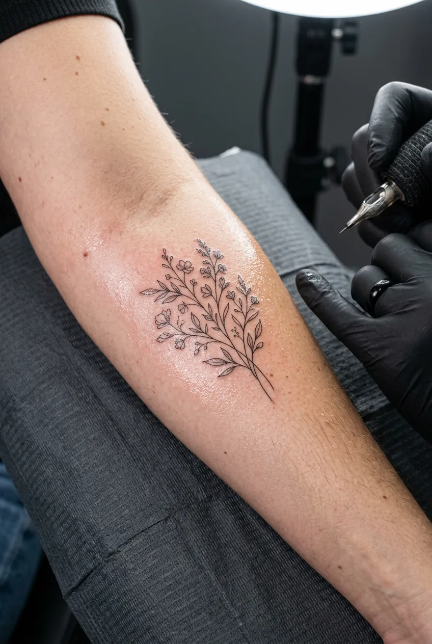 Freshly completed fine-line elegant botanical tattoo glistening on a woman's outer forearm under bright studio lights