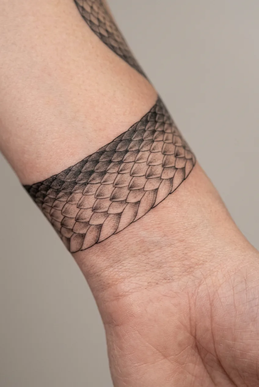 Extreme close-up of completed fine-line snake scale pattern on a woman's wrist showing precise taper at each line end