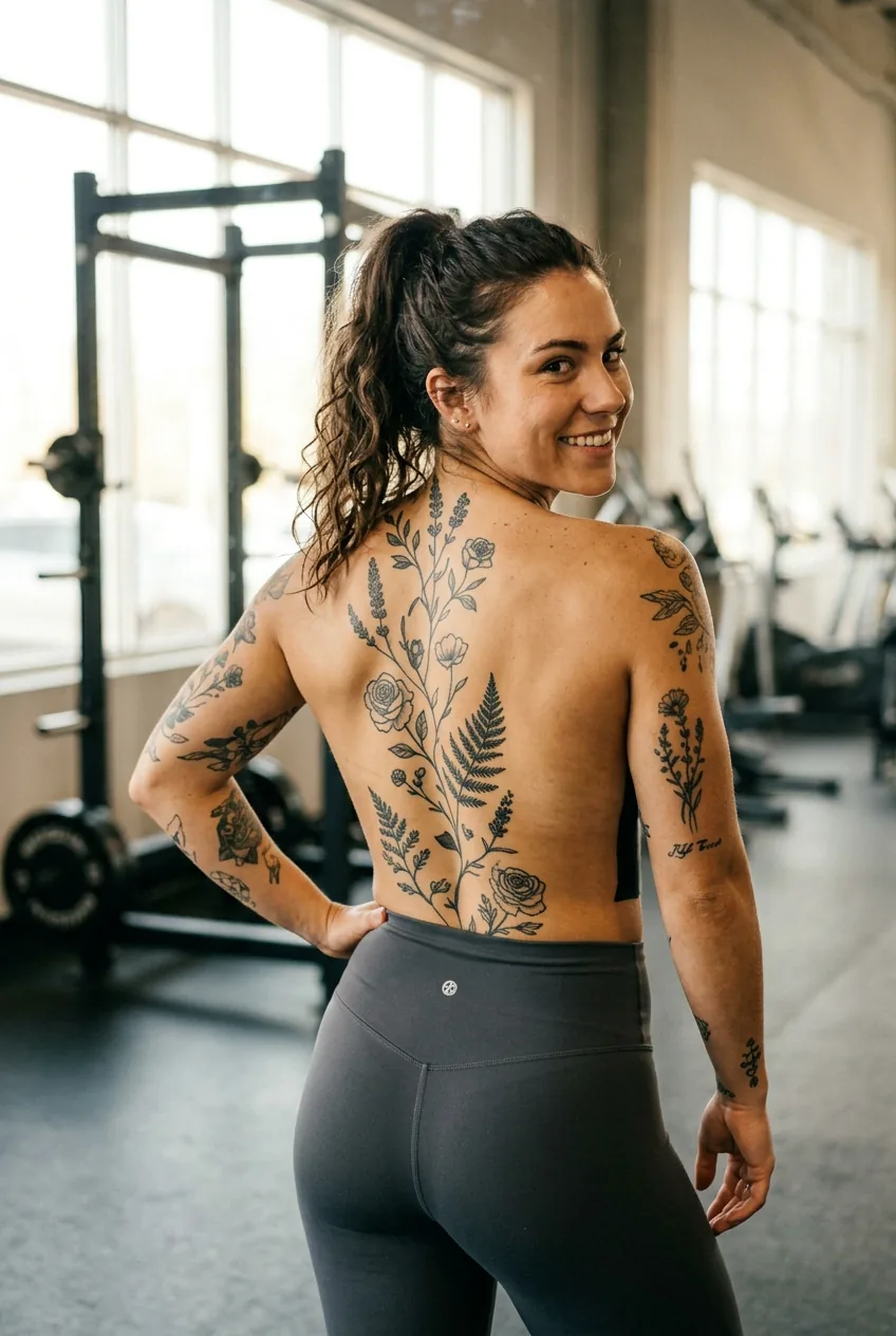 Woman viewing completed spine tattoo in mirror reflection showing full botanical design