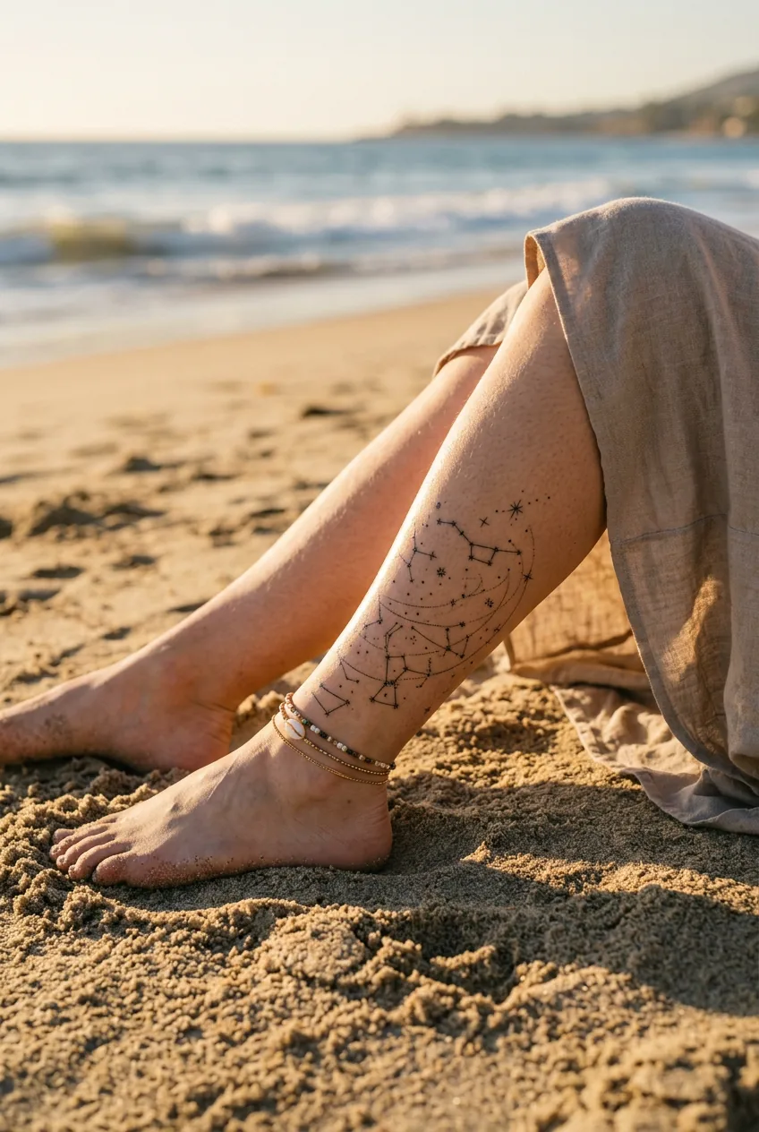 Delicate constellation and star map tattoo wrapping from a woman's ankle up toward her lower calf in warm golden coastal light