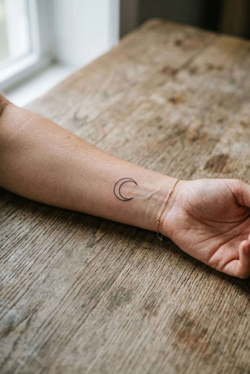 Woman's inner forearm on wood surface showing a small clean crescent moon simple tattoo with precise linework in natural light