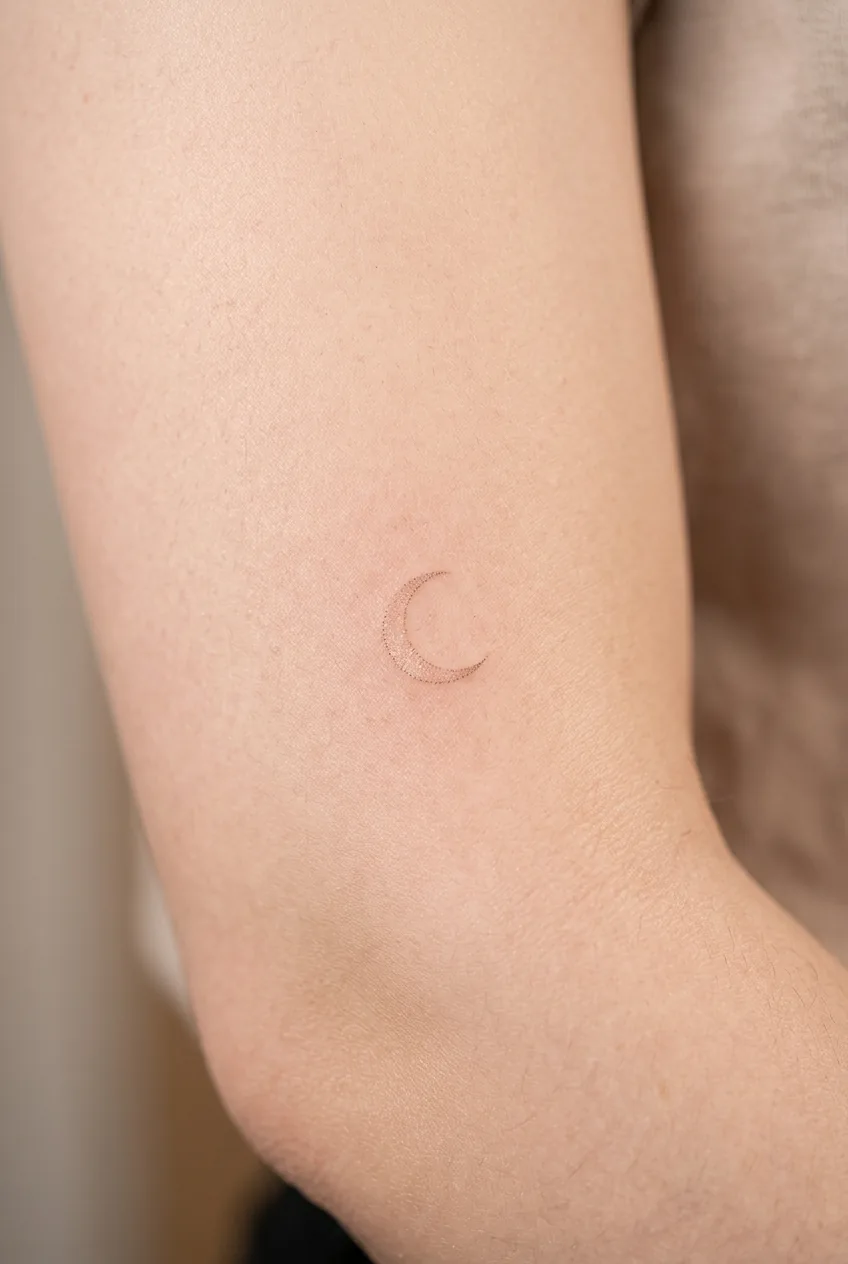 Macro photograph of whisper-thin crescent moon tattoo on soft underside of woman's upper inner arm in diffused studio light
