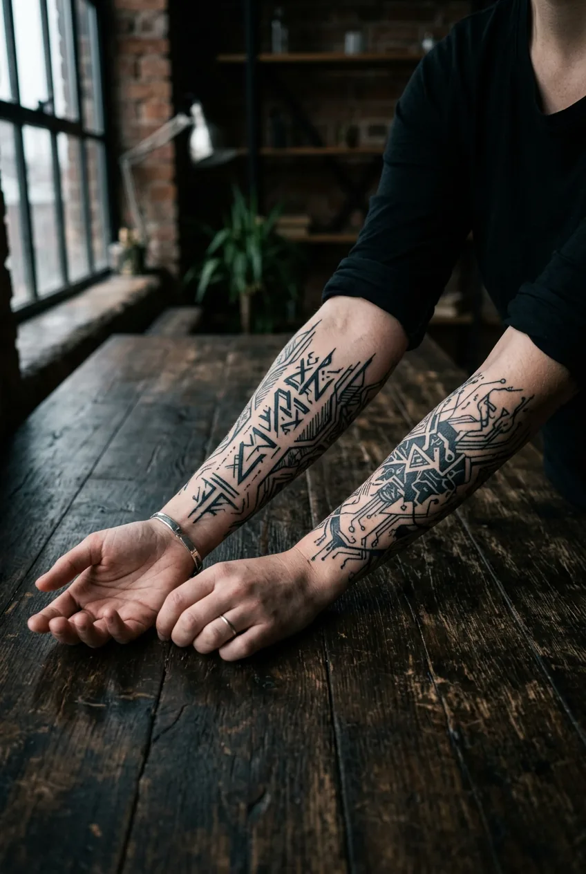 Two forearms side by side on dark wood surface showing paired cybersigilism blackwork tattoos in low moody loft light