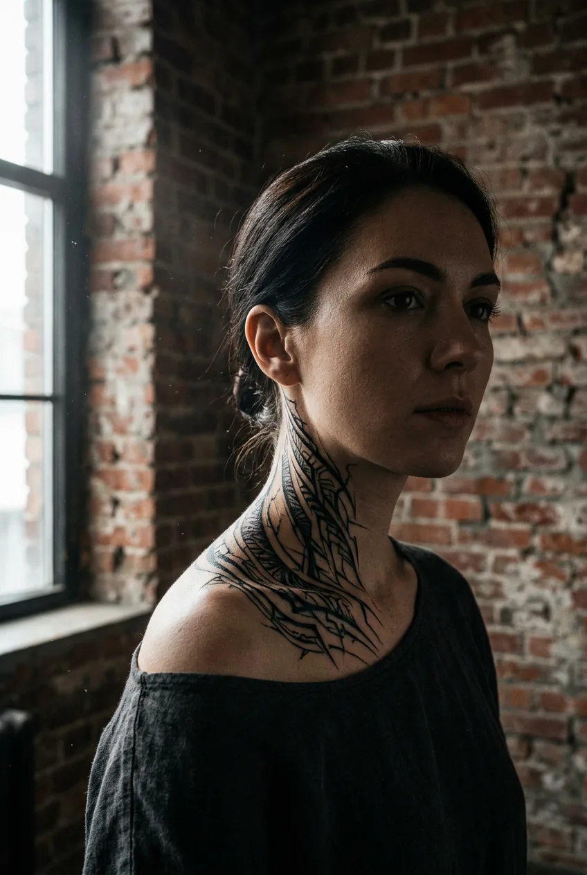 Close portrait of woman with cybersigilism tattoo on collarbone curving toward neck, moody side light against brick wall