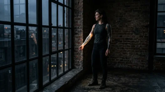 Woman standing by industrial loft window, cybersigilism blackwork tattoo on forearm lit by dramatic side light against exposed brick wall
