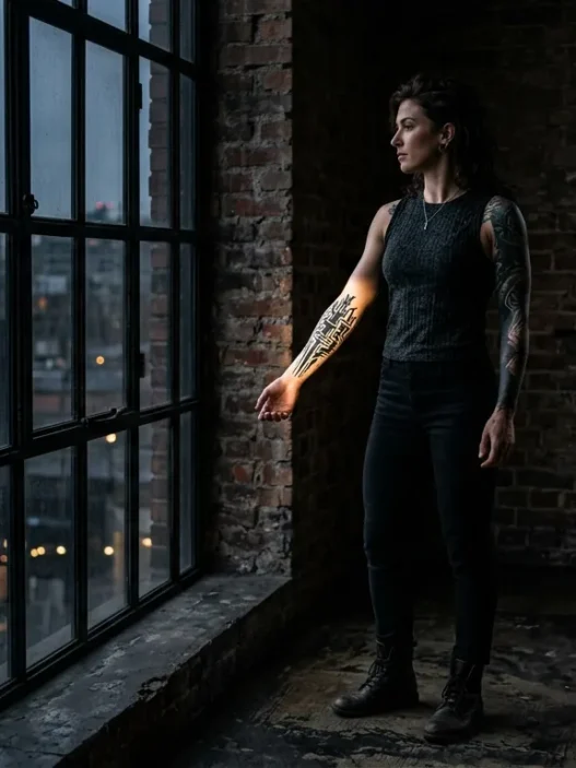 Woman standing by industrial loft window, cybersigilism blackwork tattoo on forearm lit by dramatic side light against exposed brick wall