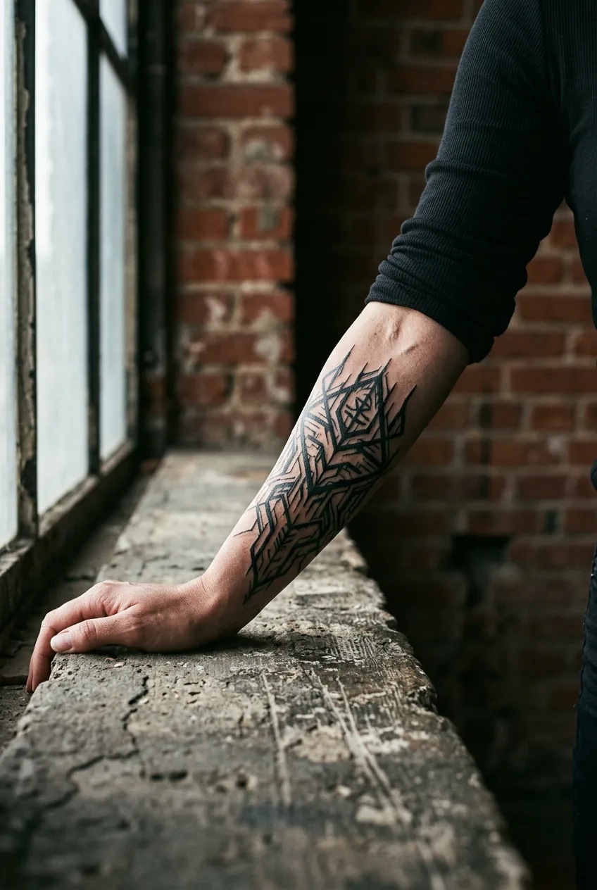 Close-up of cybersigilism forearm tattoo on concrete ledge, angular glitch linework catching raking light from loft window