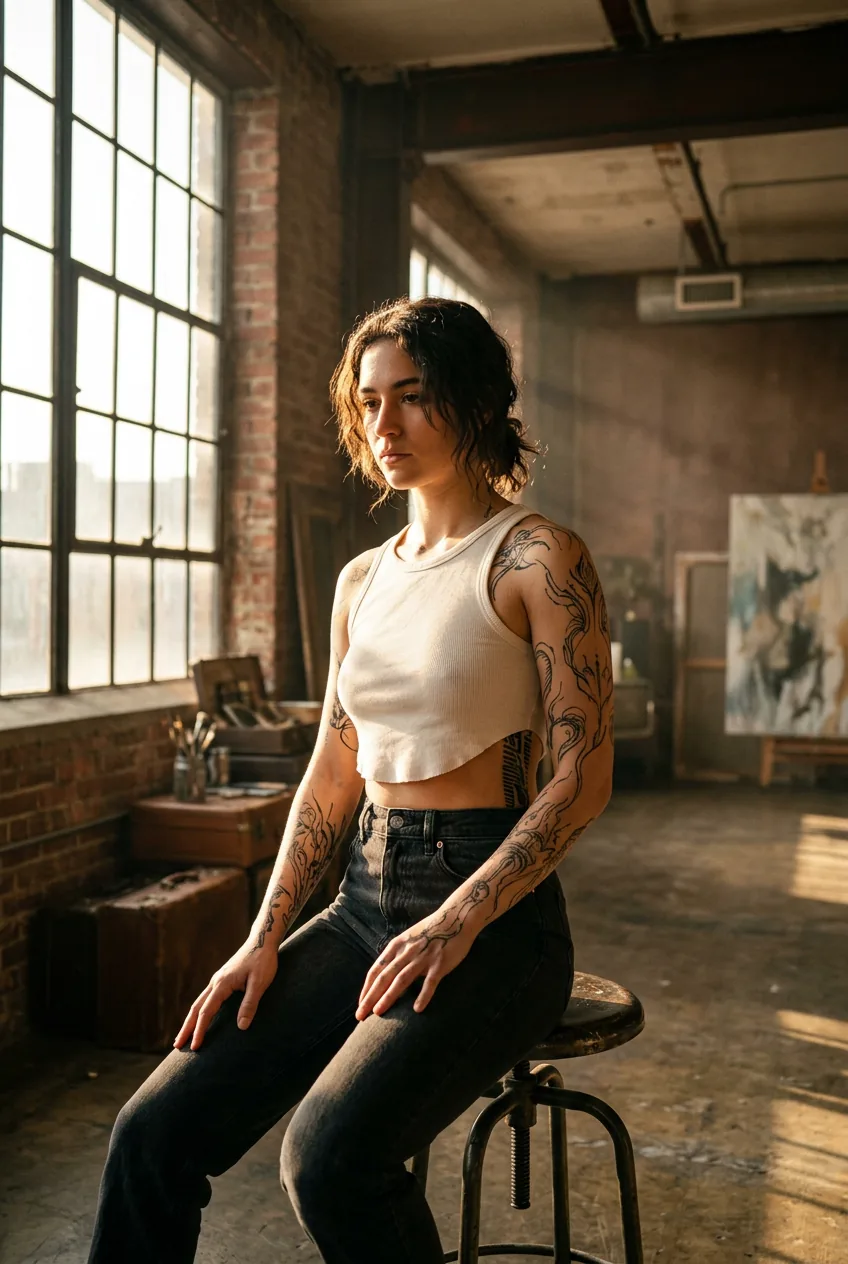 Woman in white tank on metal stool showing cybersigilism tattoo on ribcage and arm in dramatic loft window side light