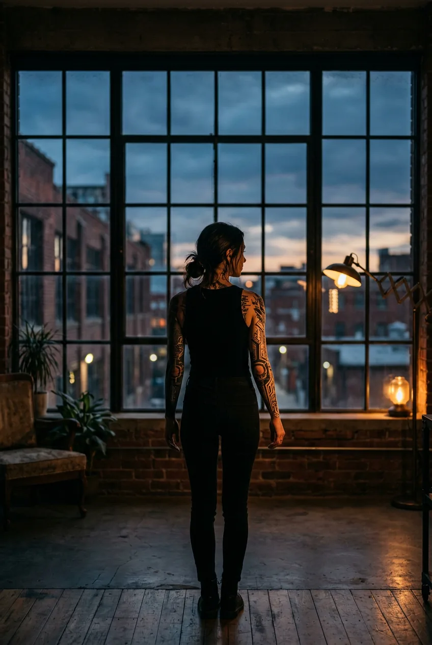Full-length wide shot of tattooed woman at dusk loft window, cybersigilism blackwork visible in warm lamp and backlight