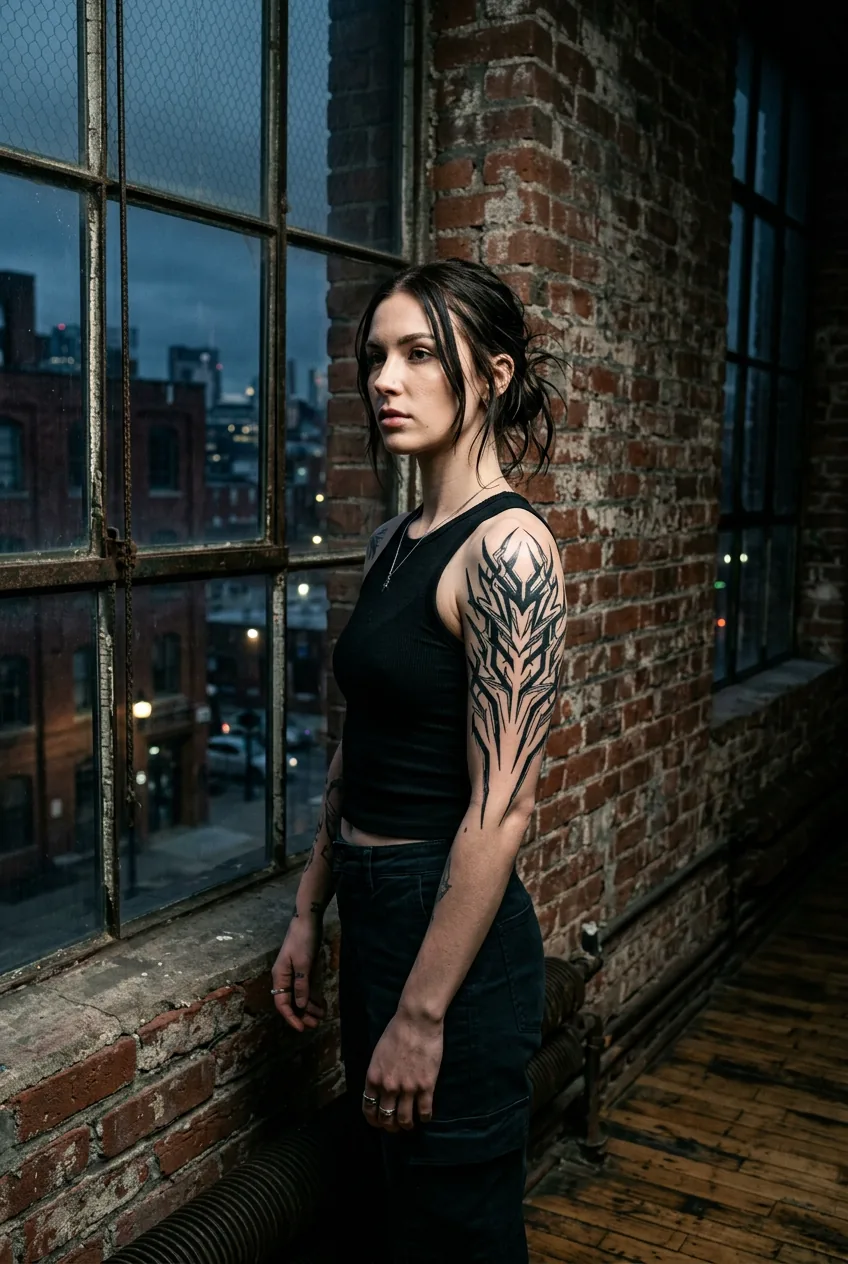 Woman turning to show upper arm cybersigilism tattoo in sharp single-source side light, brick wall blurred behind her