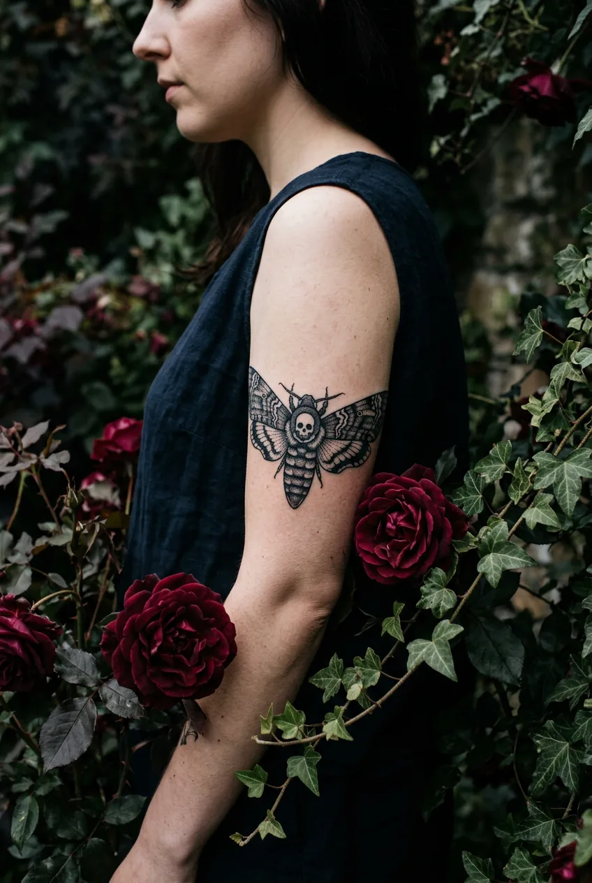 Woman's upper arm with a blackwork dotwork Death's Head Hawkmoth tattoo surrounded by dark velvet roses and ivy