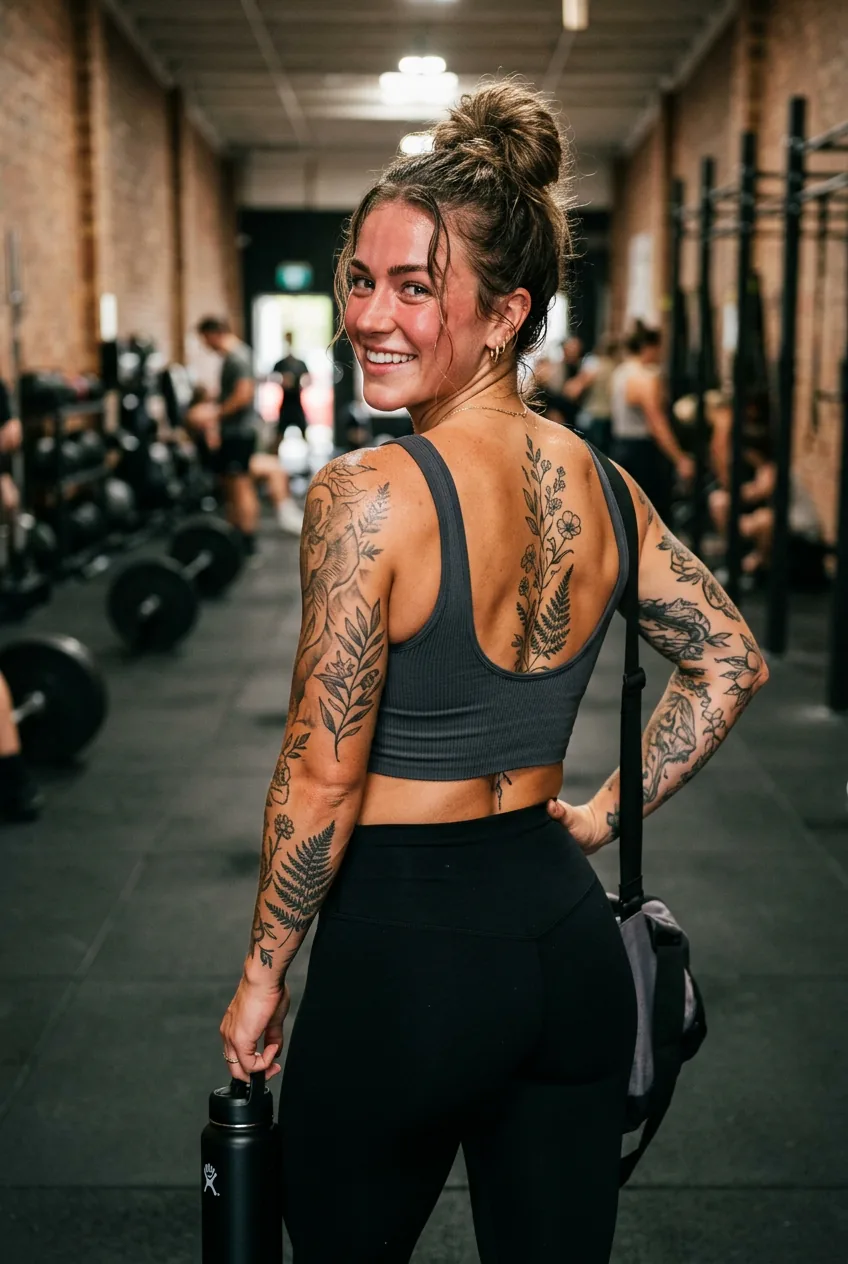 Woman showing delicate botanical spine tattoo with vines and small flowers along vertebrae