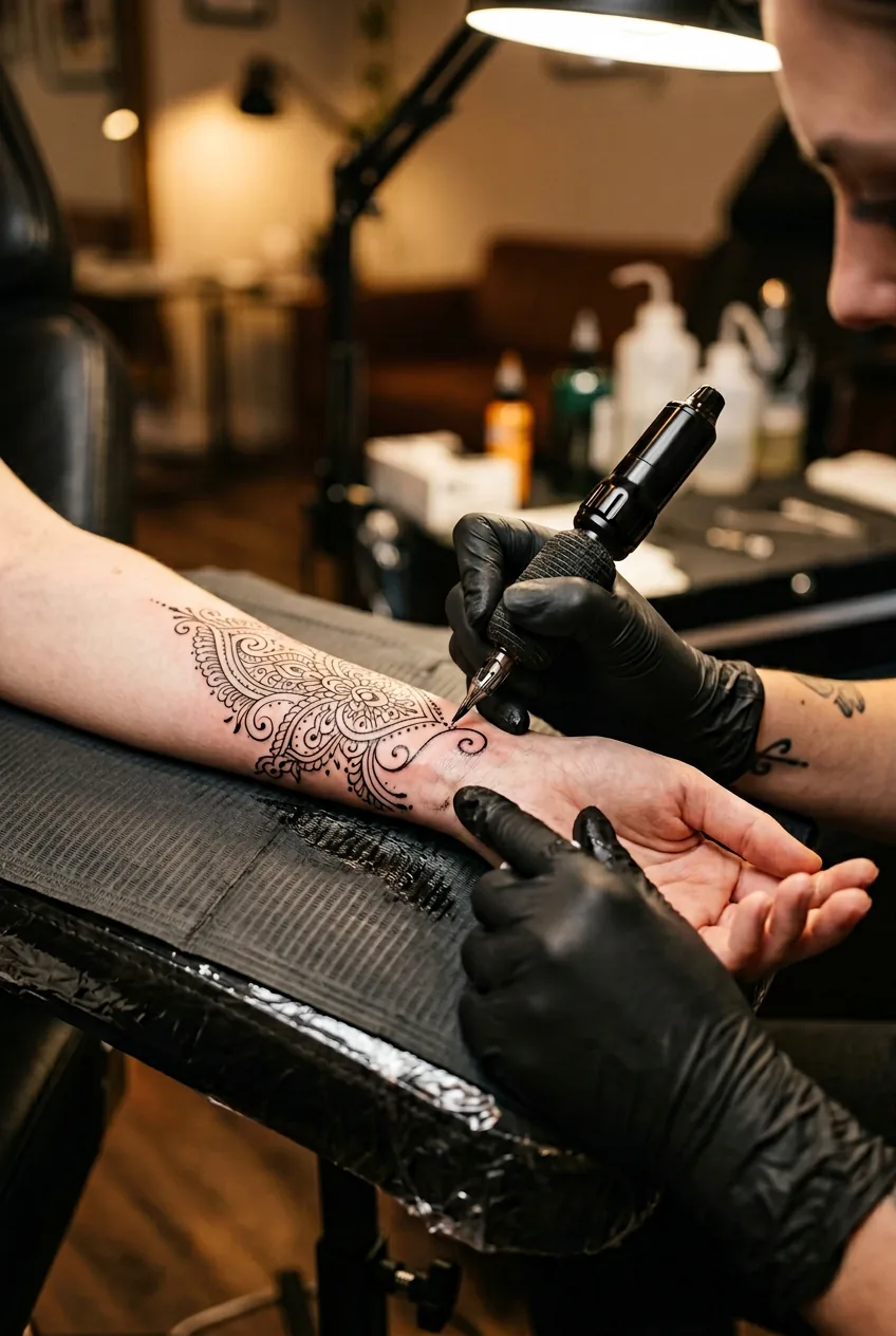 Close-up of fine-line needle creating delicate paisley pattern on woman's wrist during professional tattoo session