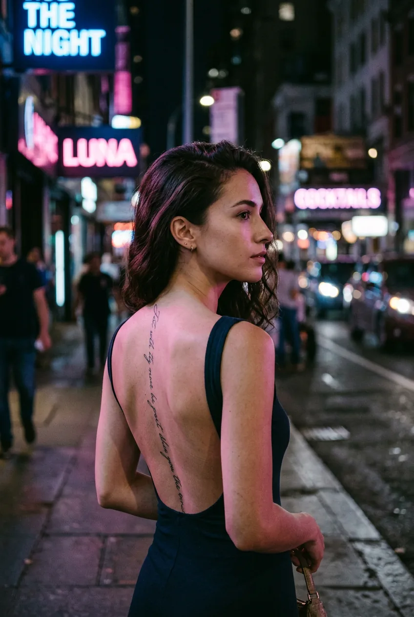 Side profile showing delicate script tattoo running along woman's spine with neon street lighting creating colorful reflections