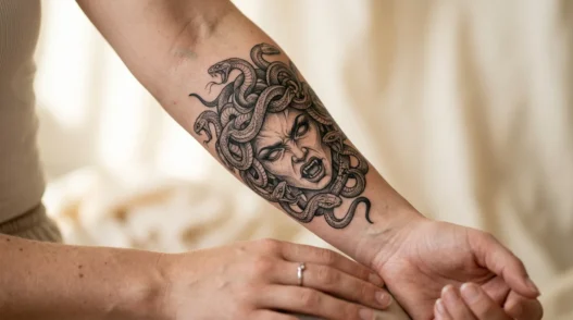 Detailed Medusa tattoo on woman's forearm showing intricate serpent hair and fierce facial expression with dramatic shading