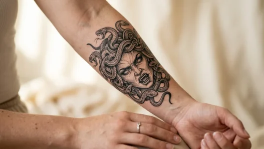 Detailed Medusa tattoo on woman's forearm showing intricate serpent hair and fierce facial expression with dramatic shading