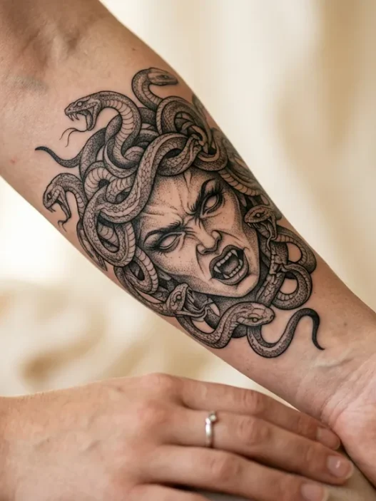 Detailed Medusa tattoo on woman's forearm showing intricate serpent hair and fierce facial expression with dramatic shading